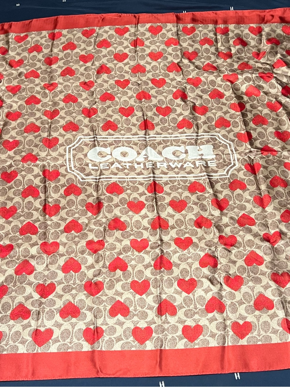 Coach Signature Heart ♥️ Print 35” square Silk Scarf in Tan Red Apple